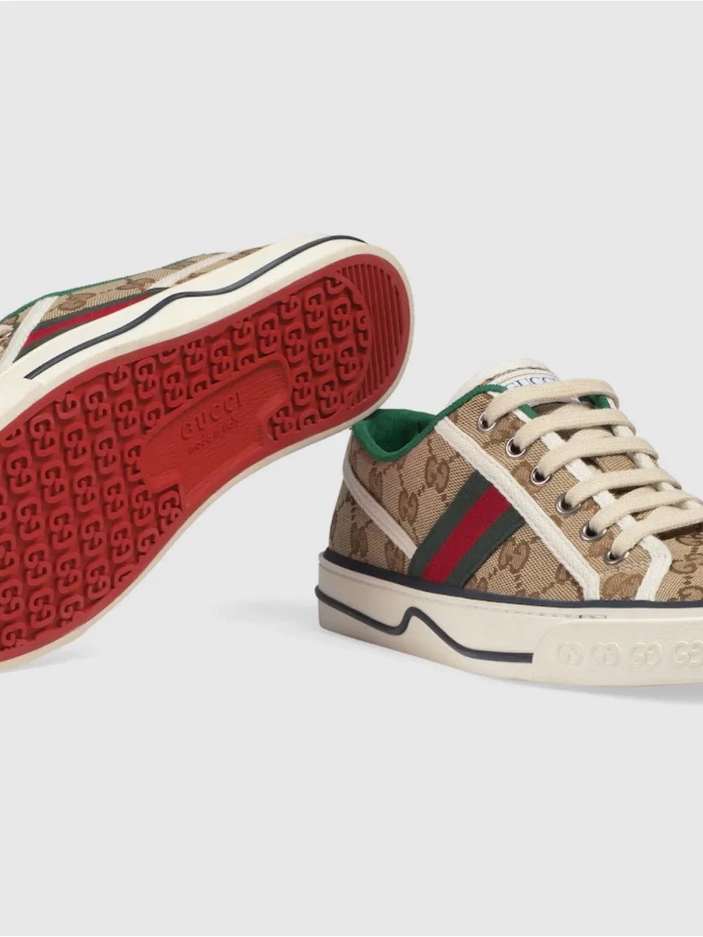 Gucci Tan GG Supreme Low-Top Sneaker with Green-Red